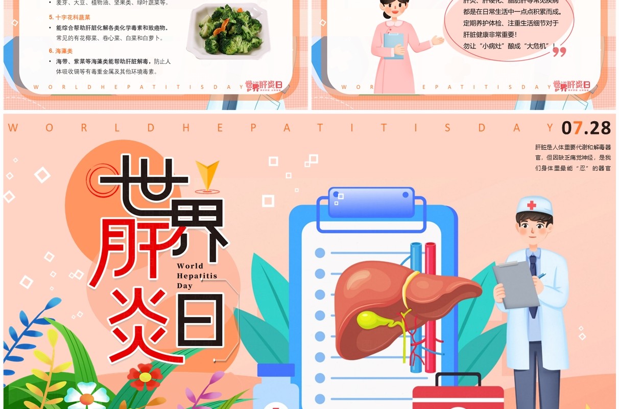 橙色卡通风世界肝炎日介绍PPT模板