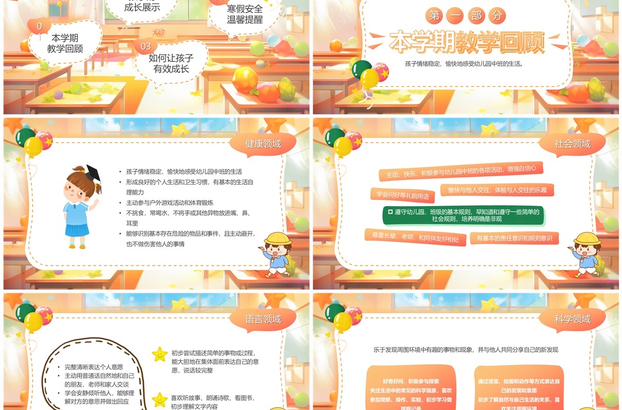 橙色卡通风幼儿园中班期末家长会PPT模板
