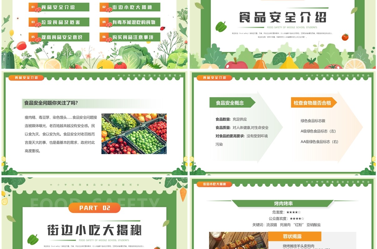 绿色清新风中小学生校园食品安全PPT模板
