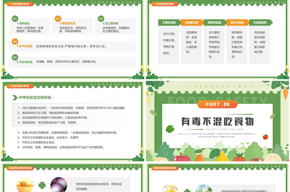 绿色清新风中小学生校园食品安全PPT模板