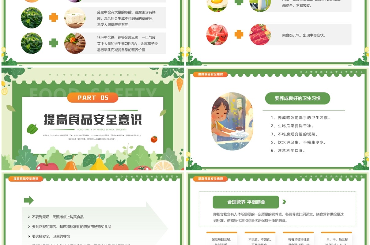 绿色清新风中小学生校园食品安全PPT模板