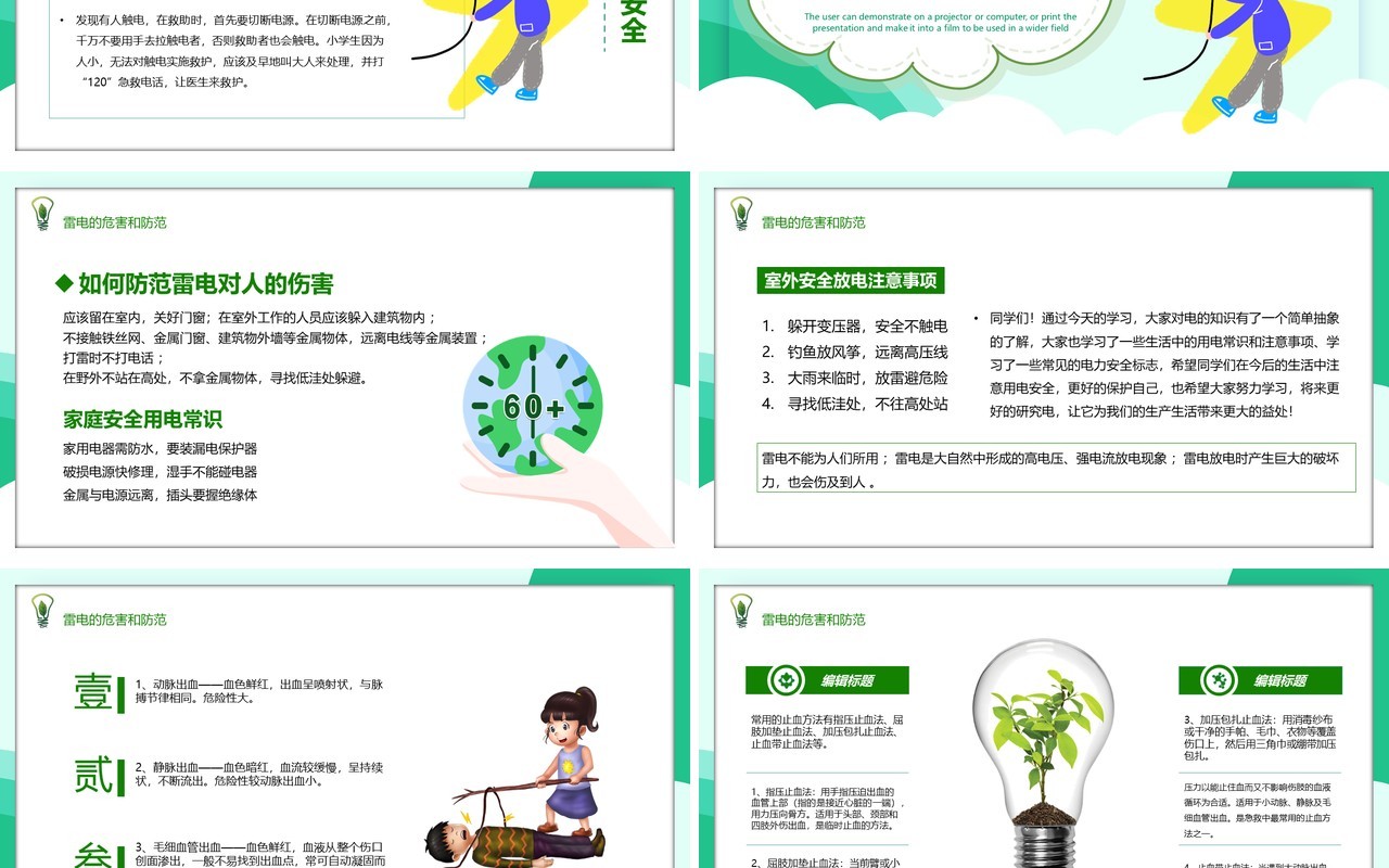 绿色卡通安全用电中小学生安全主题教育培训课件PPT模板