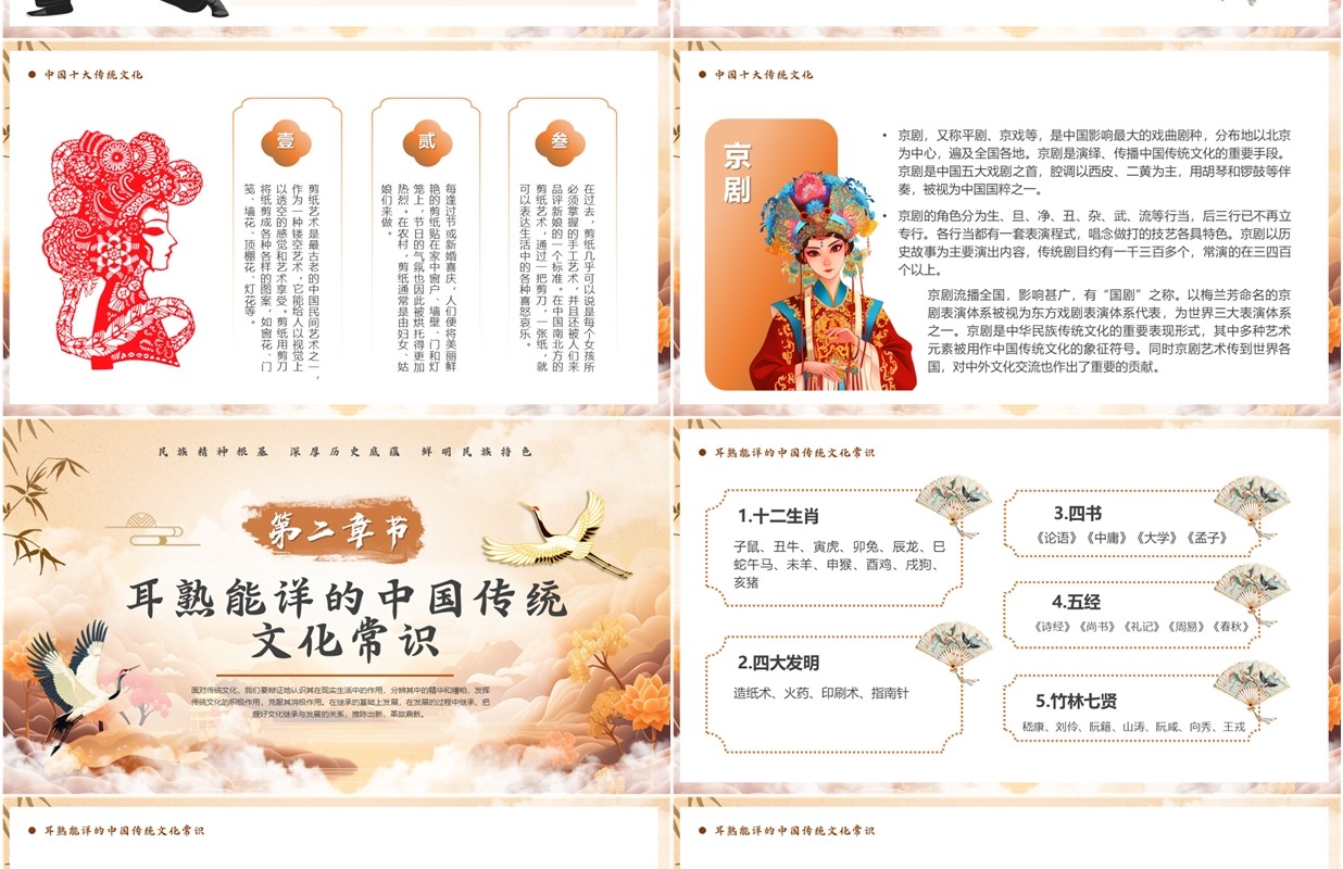 橙色插画风中华传统文化瑰宝PPT模板