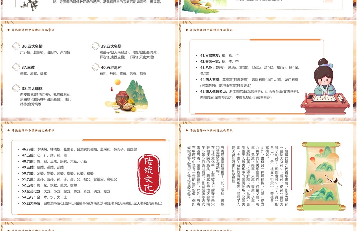橙色插画风中华传统文化瑰宝PPT模板