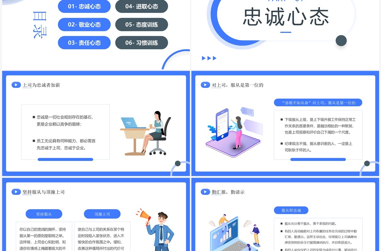 蓝色简约插画风树立正确的职业心态PPT模板