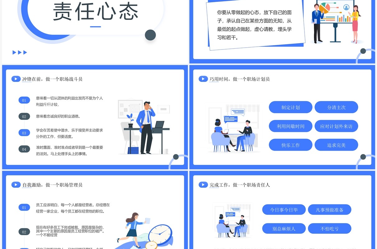 蓝色简约插画风树立正确的职业心态PPT模板