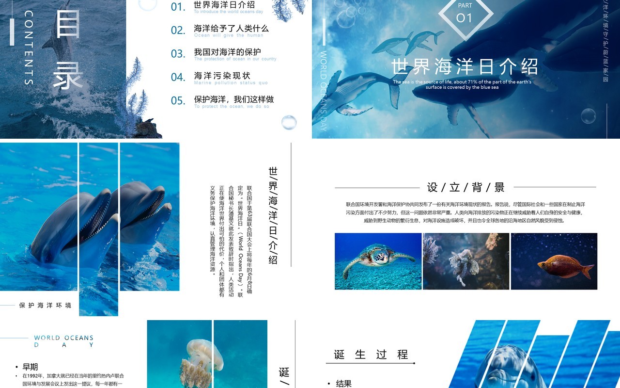 蓝色简约风世界海洋日介绍PPT模板