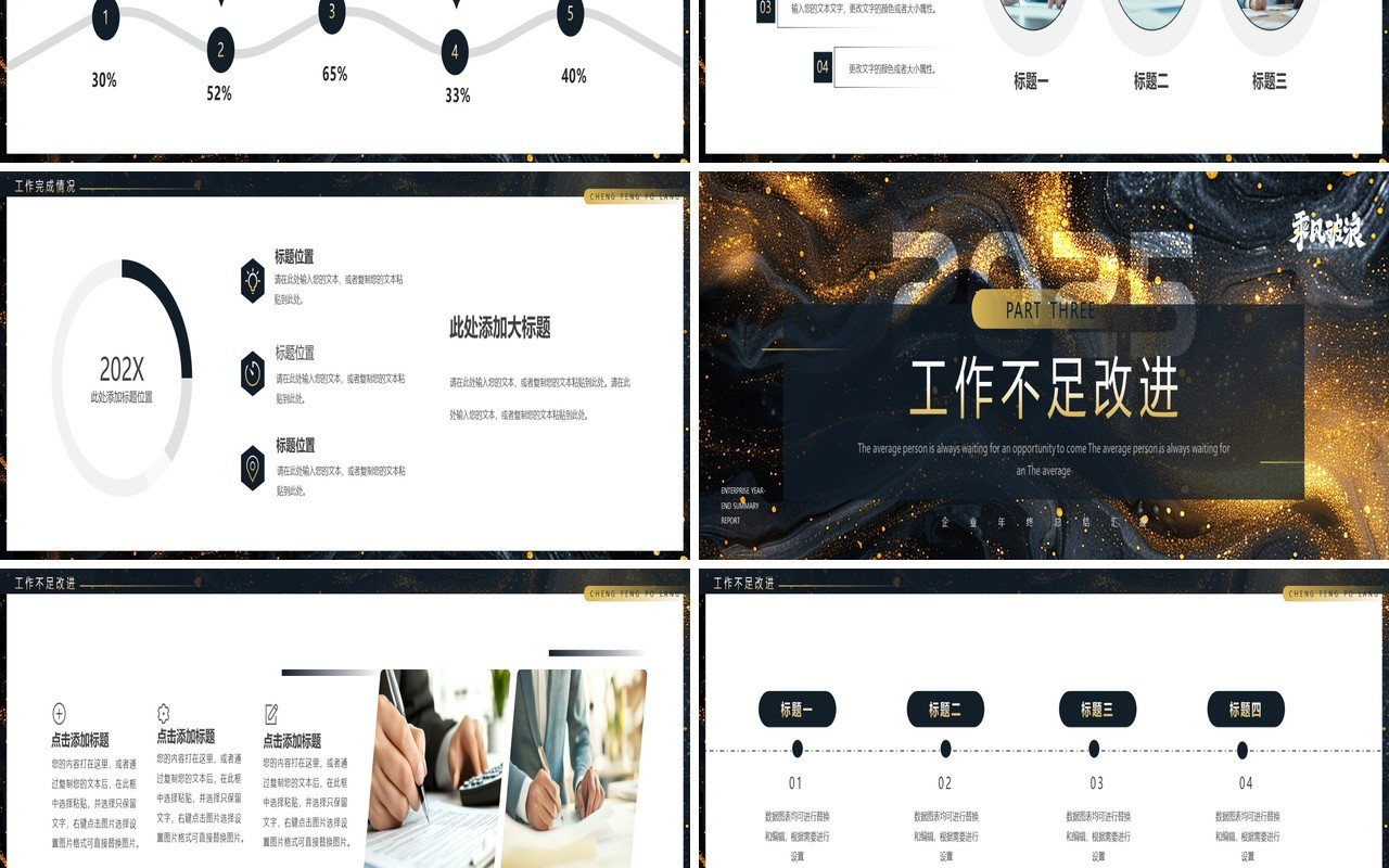 黑色鎏金商务风2025企业年终总结PPT宽屏模板