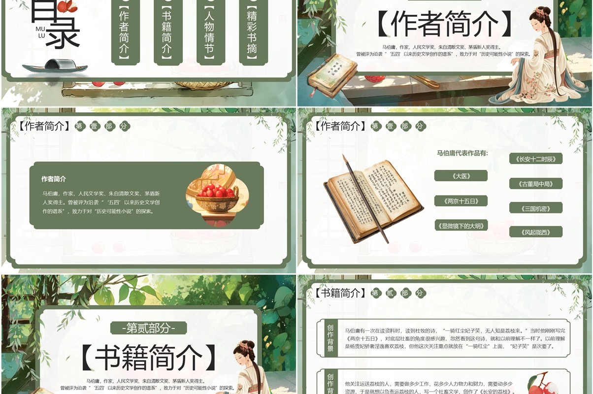绿色插画风长安的荔枝读书分享PPT模板