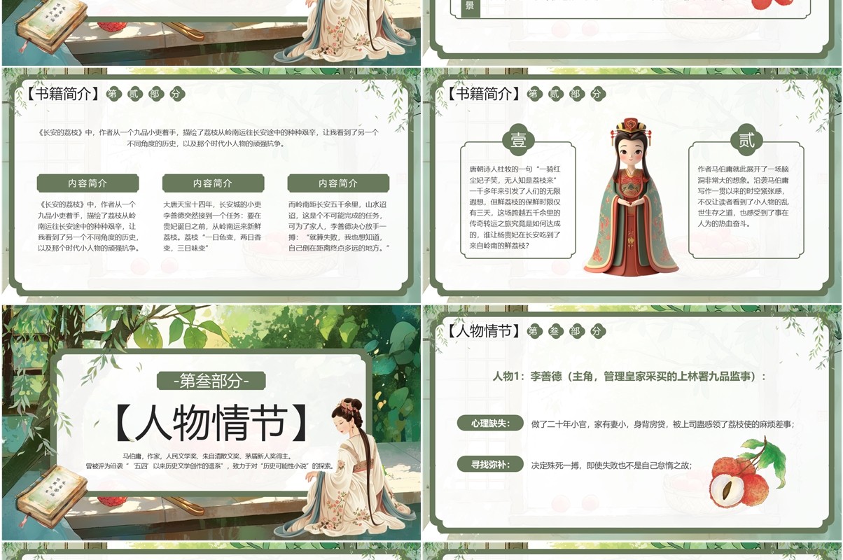 绿色插画风长安的荔枝读书分享PPT模板