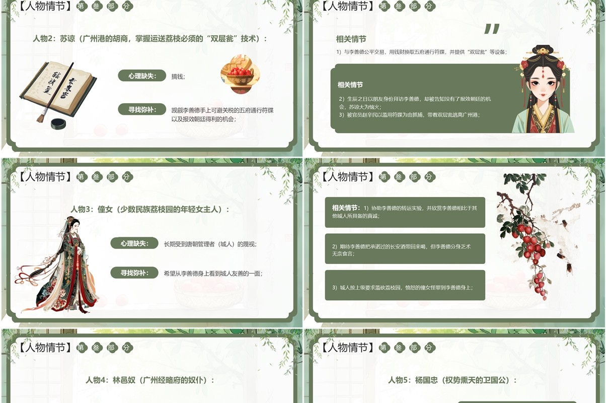 绿色插画风长安的荔枝读书分享PPT模板