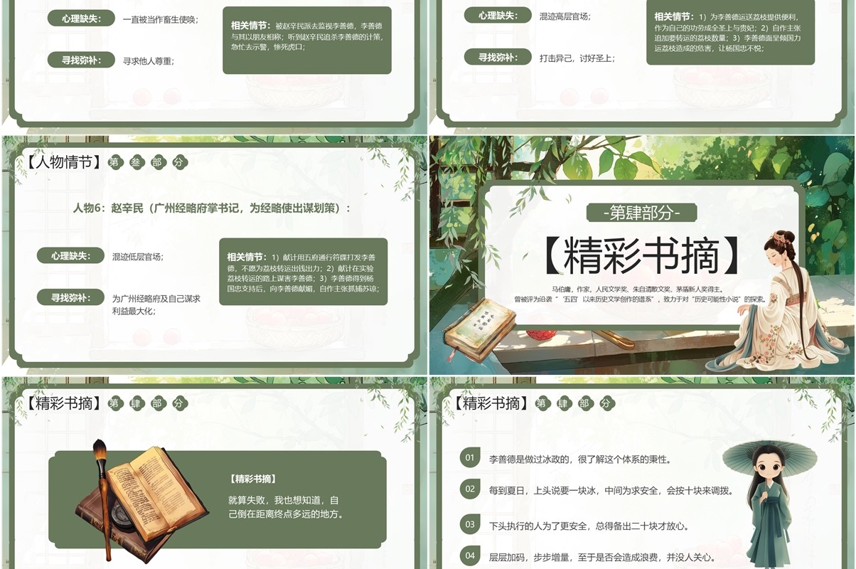 绿色插画风长安的荔枝读书分享PPT模板