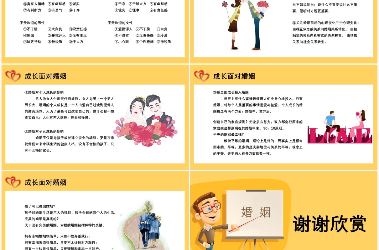 黄色卡通风格婚姻家庭心理讲座课件PPT模板