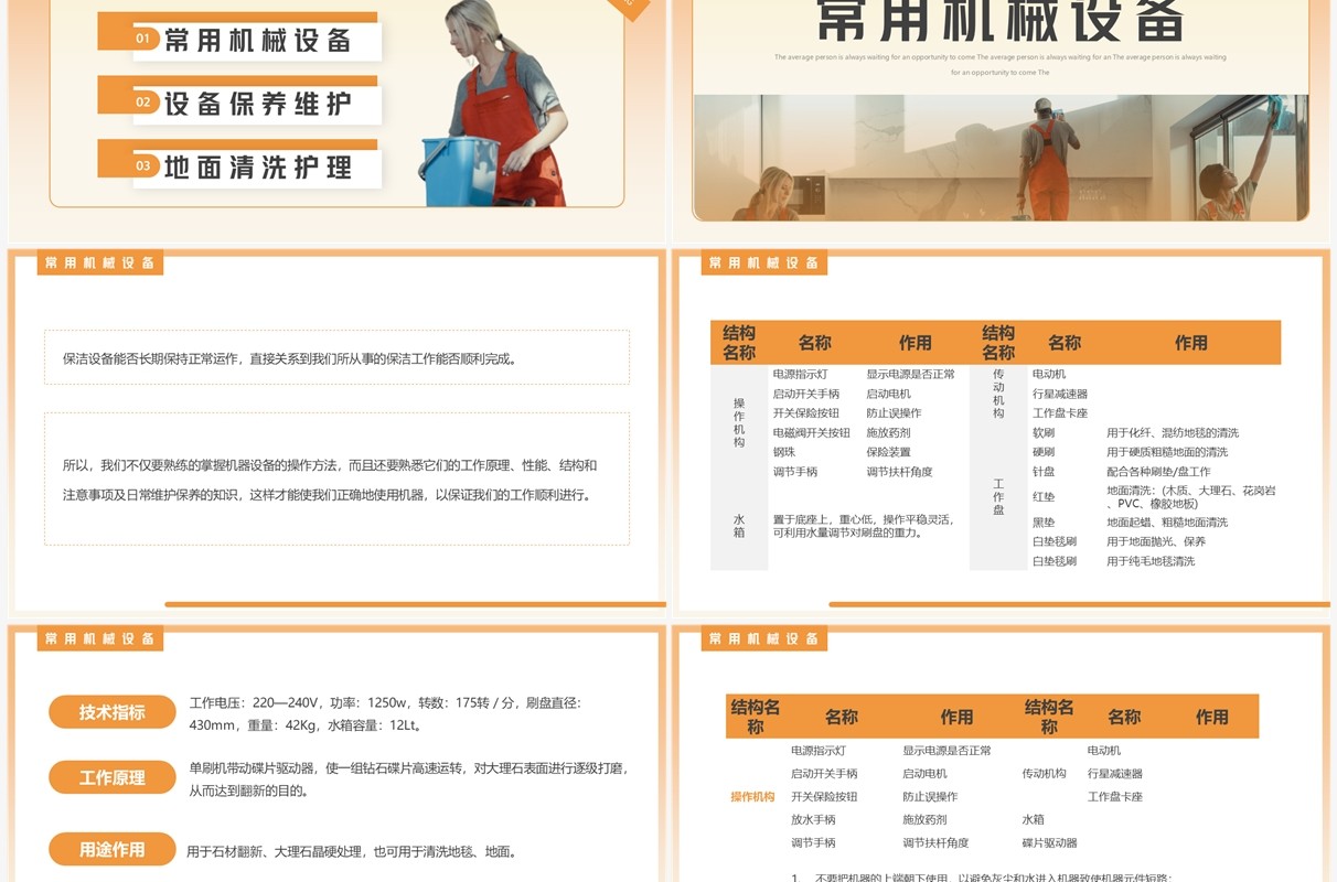 橙色简约风保洁技能培训常用机械工具使用及维护动态PPT模板