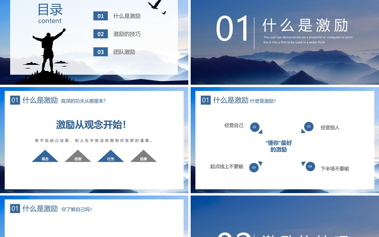 蓝色商务风个人激励及团队激励PPT模板