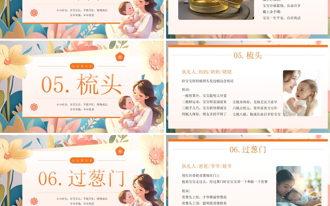 蓝色剪纸插画风周岁礼流程介绍PPT模板