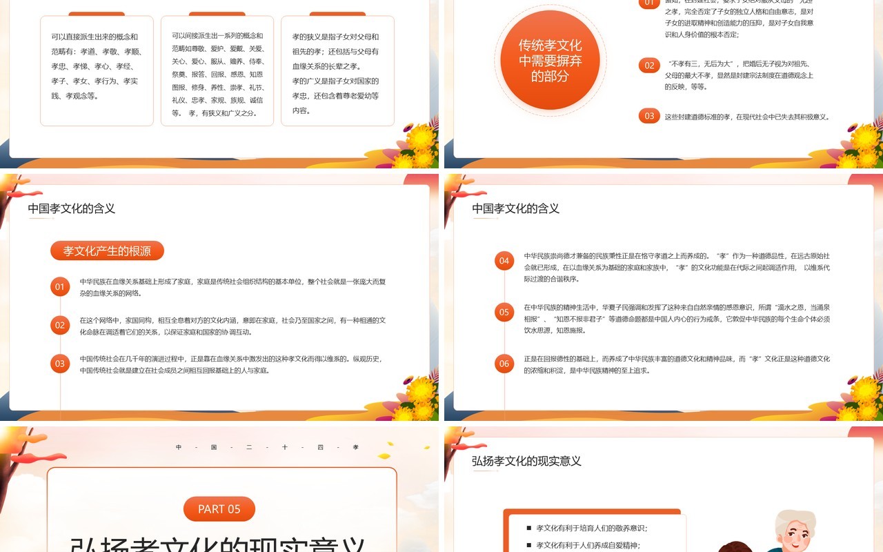 橙色卡通中国风2022年孝文化教育PPT模板