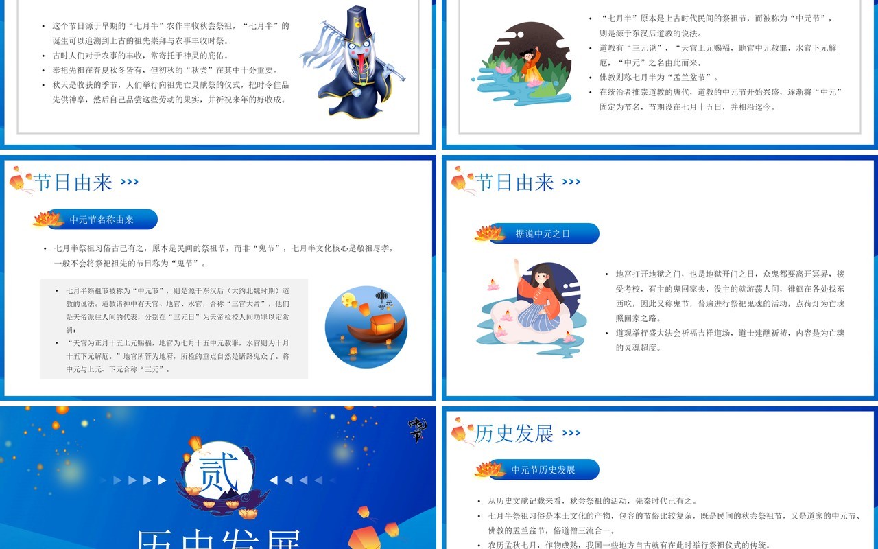 蓝色卡通风中元节祭祖节日介绍PPT模板