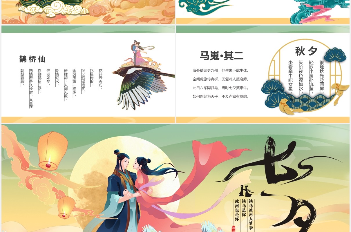 古风国潮风中国风传统节日七夕介绍动态PPT模板