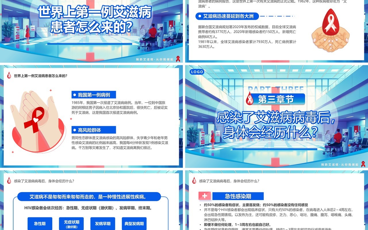 蓝色插画风预防艾滋你我共建PPT模板