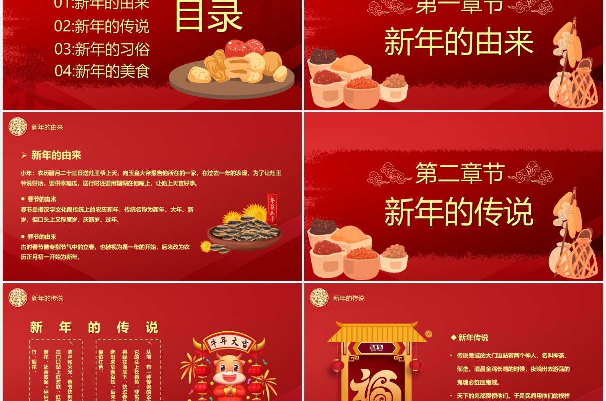 2021年红色中国风年味新年习俗节日介绍PPT模板