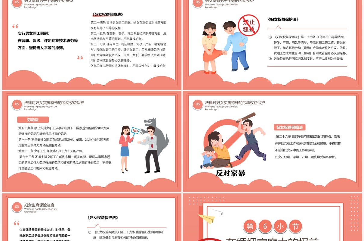 粉色卡通风妇女权益保护讲座PPT模板