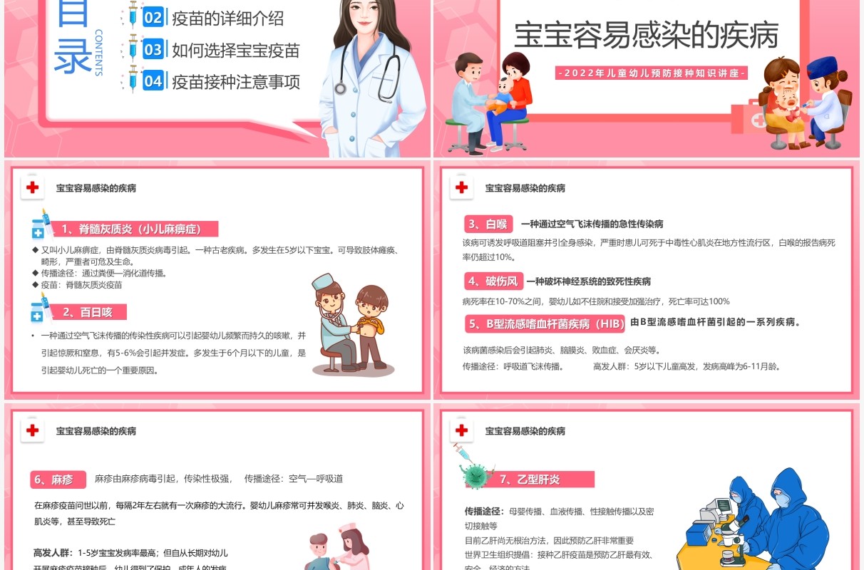 粉色卡通儿童疫苗接种知识宣传PPT模板