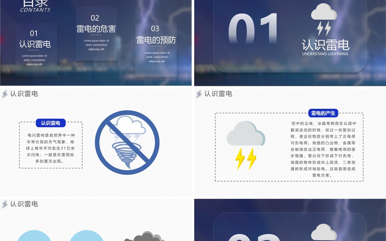 蓝色简约夏季防雷电安全知识教育PPT模板模板