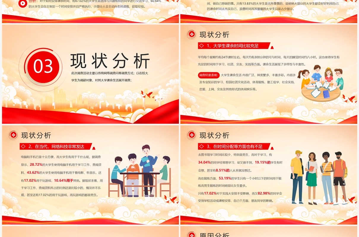 国潮党建风在校大学生课余生活展开调查报告PPT模板