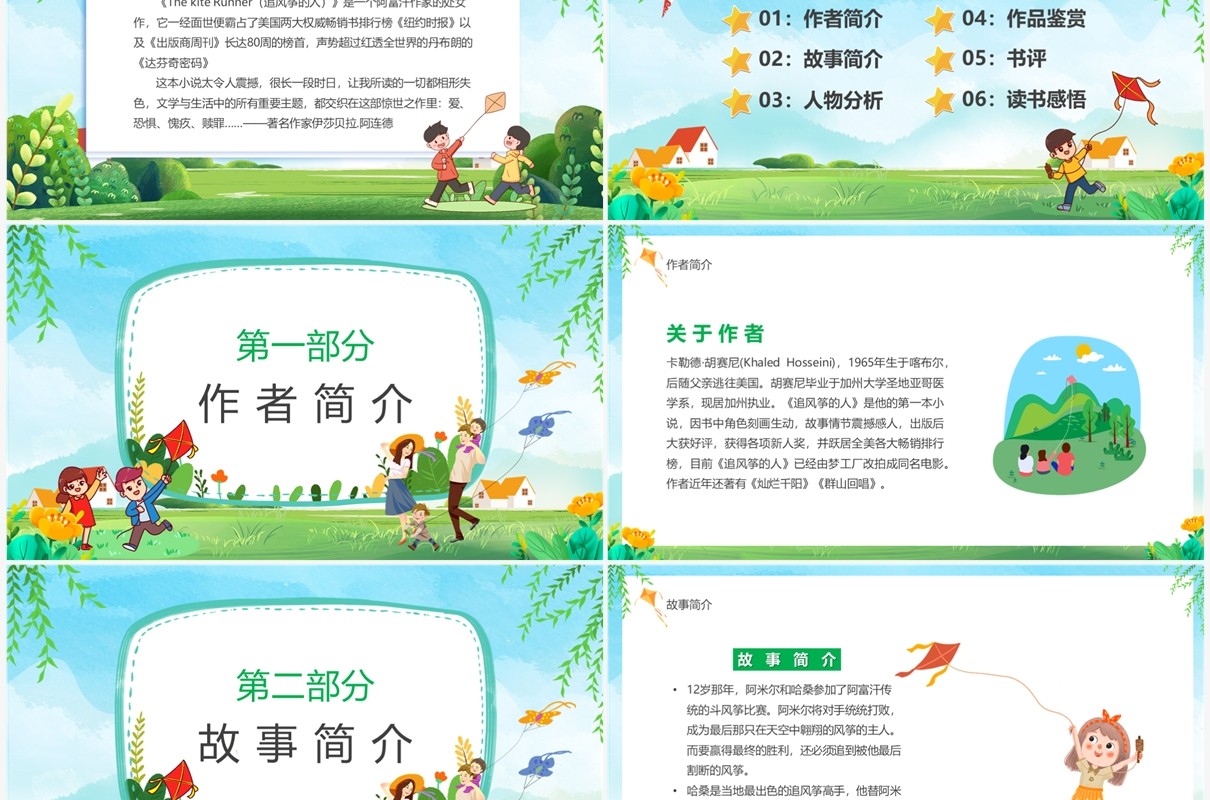 绿色卡通风读书分享追风筝的人PPT模板