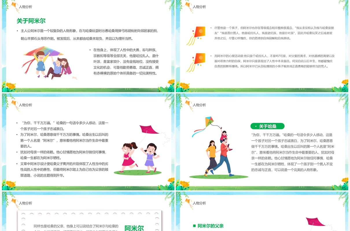 绿色卡通风读书分享追风筝的人PPT模板