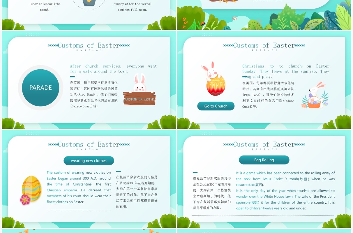 绿色插画风复活节节日英文介绍PPT模板