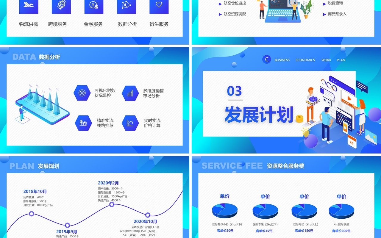 蓝色渐变扁平化商务风智慧跨境电商方案策划PPT模板