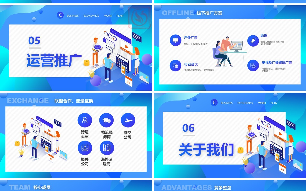 蓝色渐变扁平化商务风智慧跨境电商方案策划PPT模板