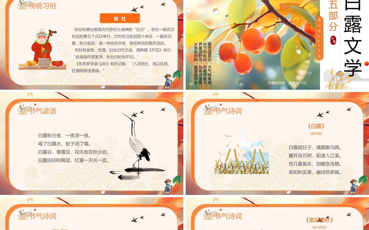 橙色插画风二十四节气之白露PPT模板