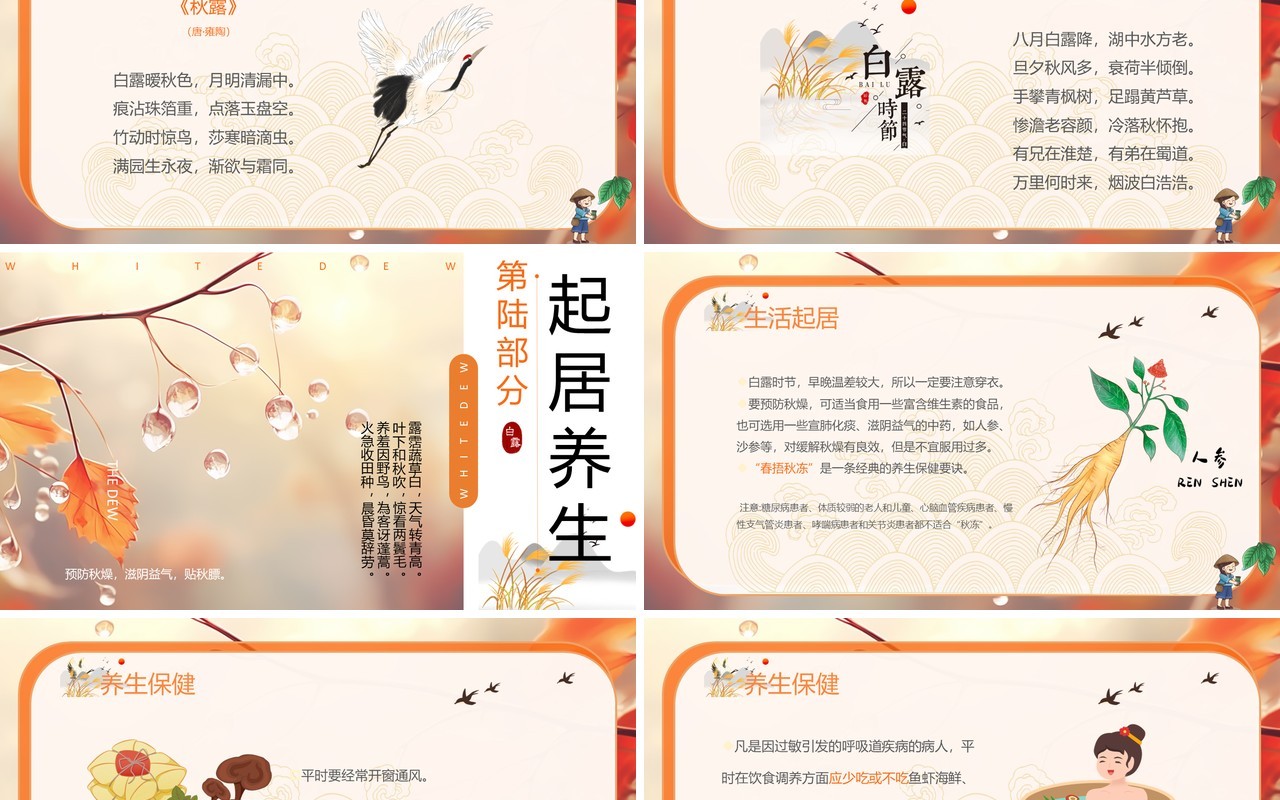 橙色插画风二十四节气之白露PPT模板