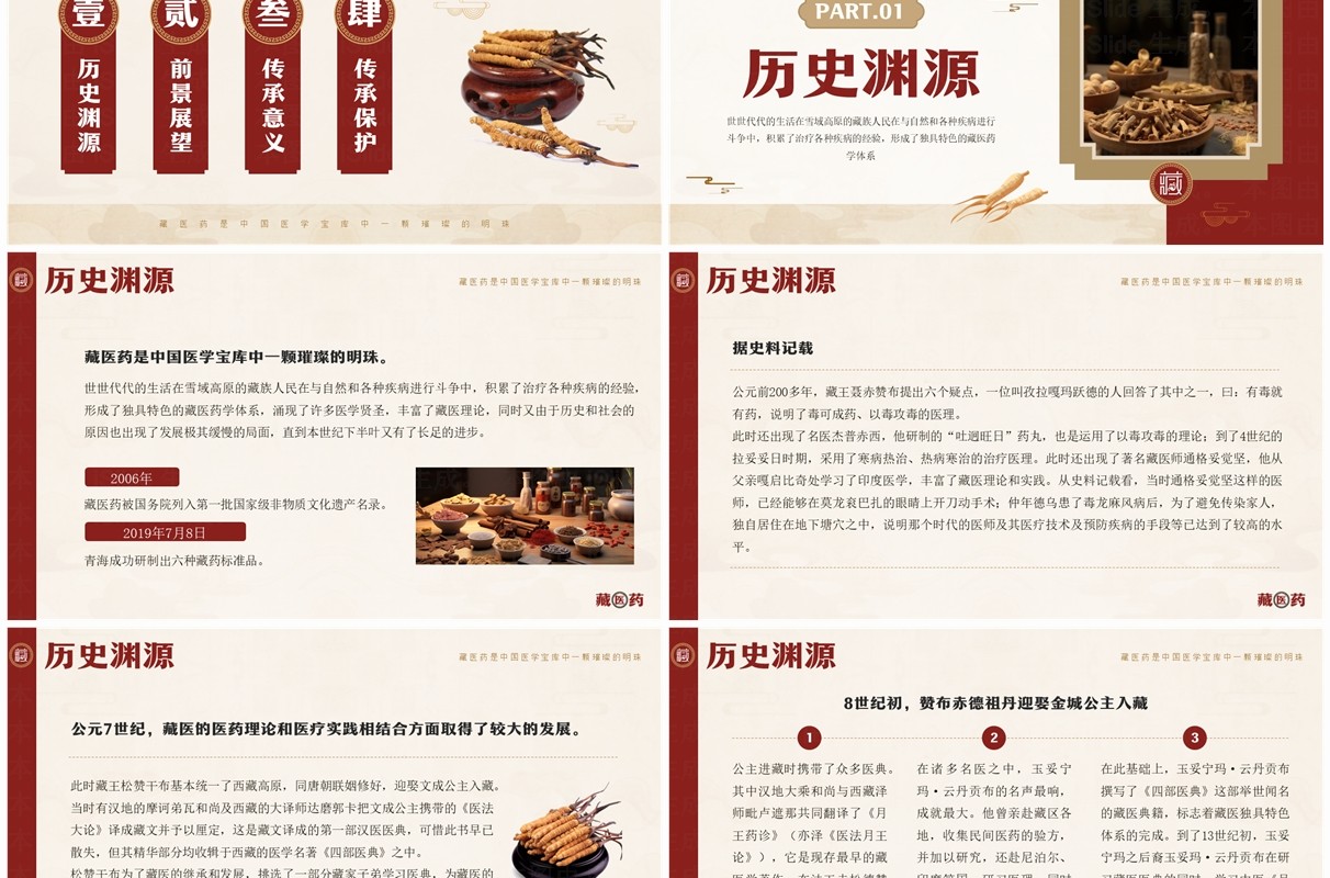 红色中国风非遗系列之藏医药介绍PPT模板