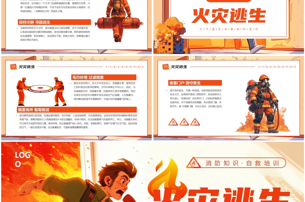 红色插画风火灾自救常识培训PPT模板