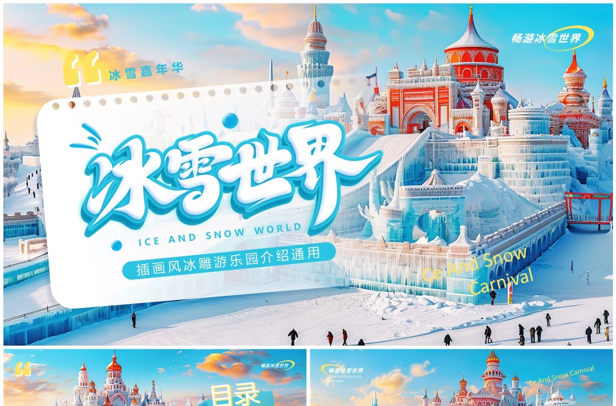 蓝色插画风冰雪世界PPT通用模板