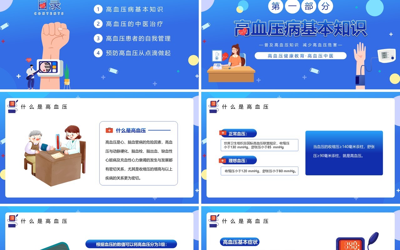 蓝色卡通风防治高血压健康你我他PPT模板
