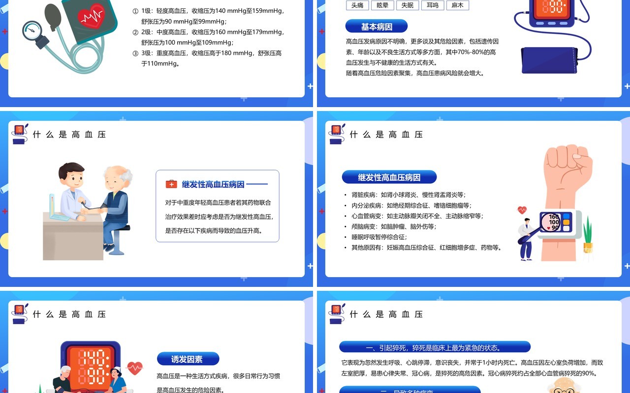 蓝色卡通风防治高血压健康你我他PPT模板