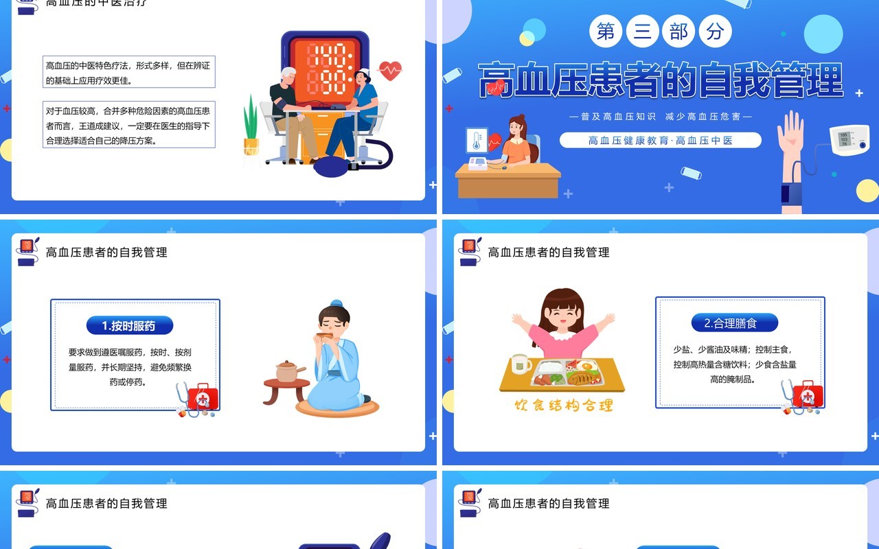 蓝色卡通风防治高血压健康你我他PPT模板