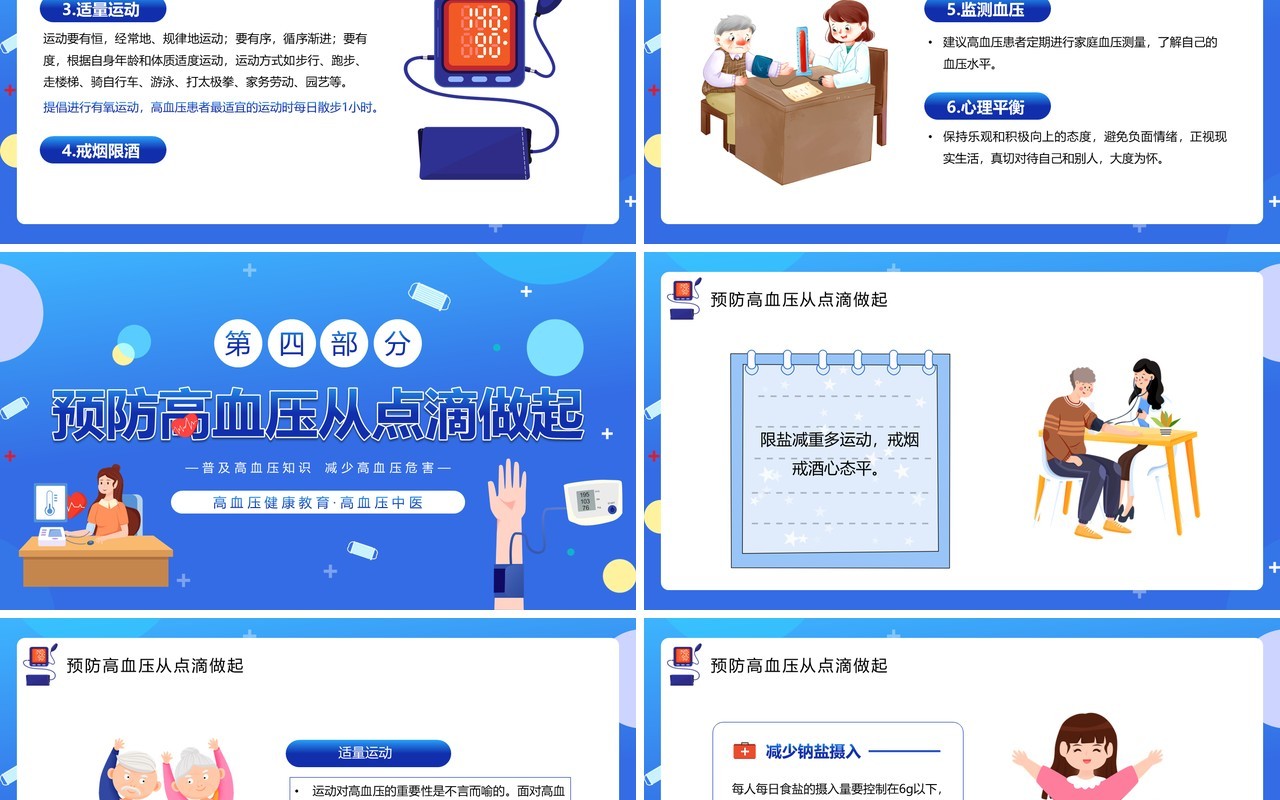 蓝色卡通风防治高血压健康你我他PPT模板
