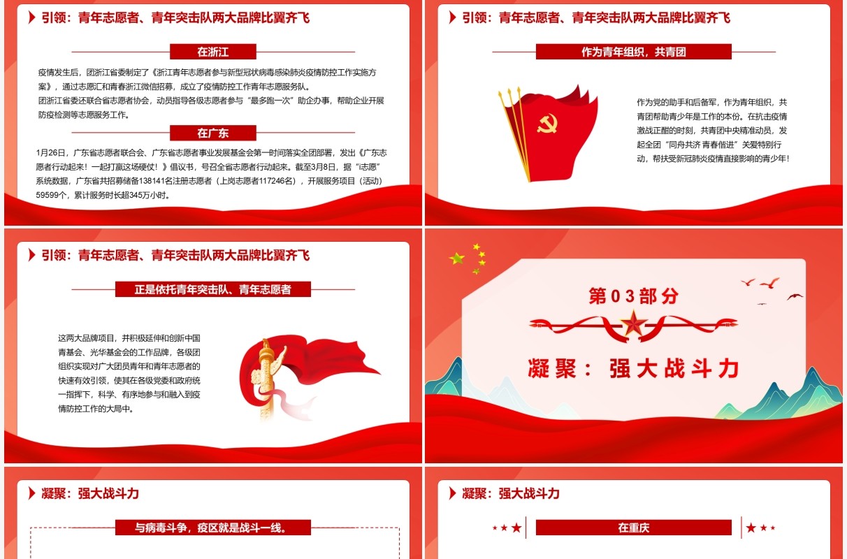 红色卡通青春心向党奋战疫情共青团组织活动PPT模板