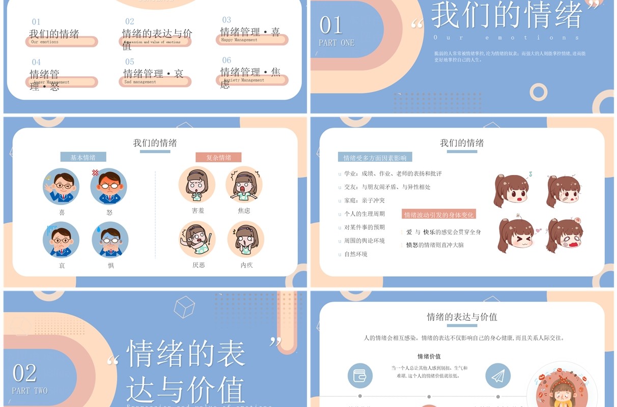 蓝色扁平风情绪管理主题班会PPT模板