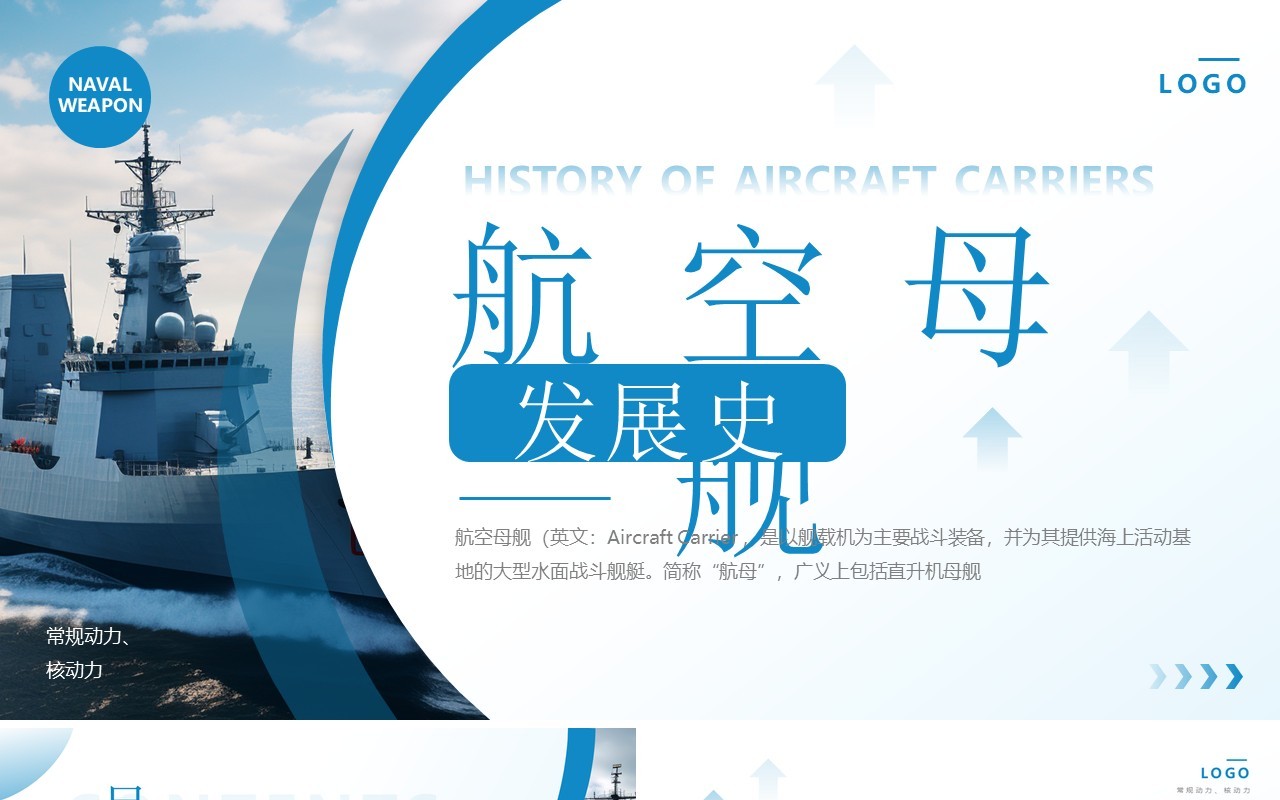 蓝色简约风航空母舰发展史PPT模板
