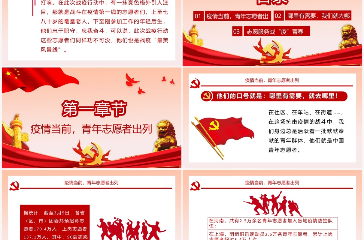 简约党政风战疫中的志愿红中国青年志愿者通用PPT模板