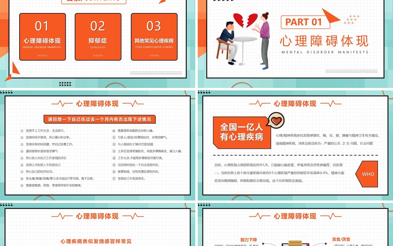 橙色简约孟菲斯心理疾病知识培训PPT模版