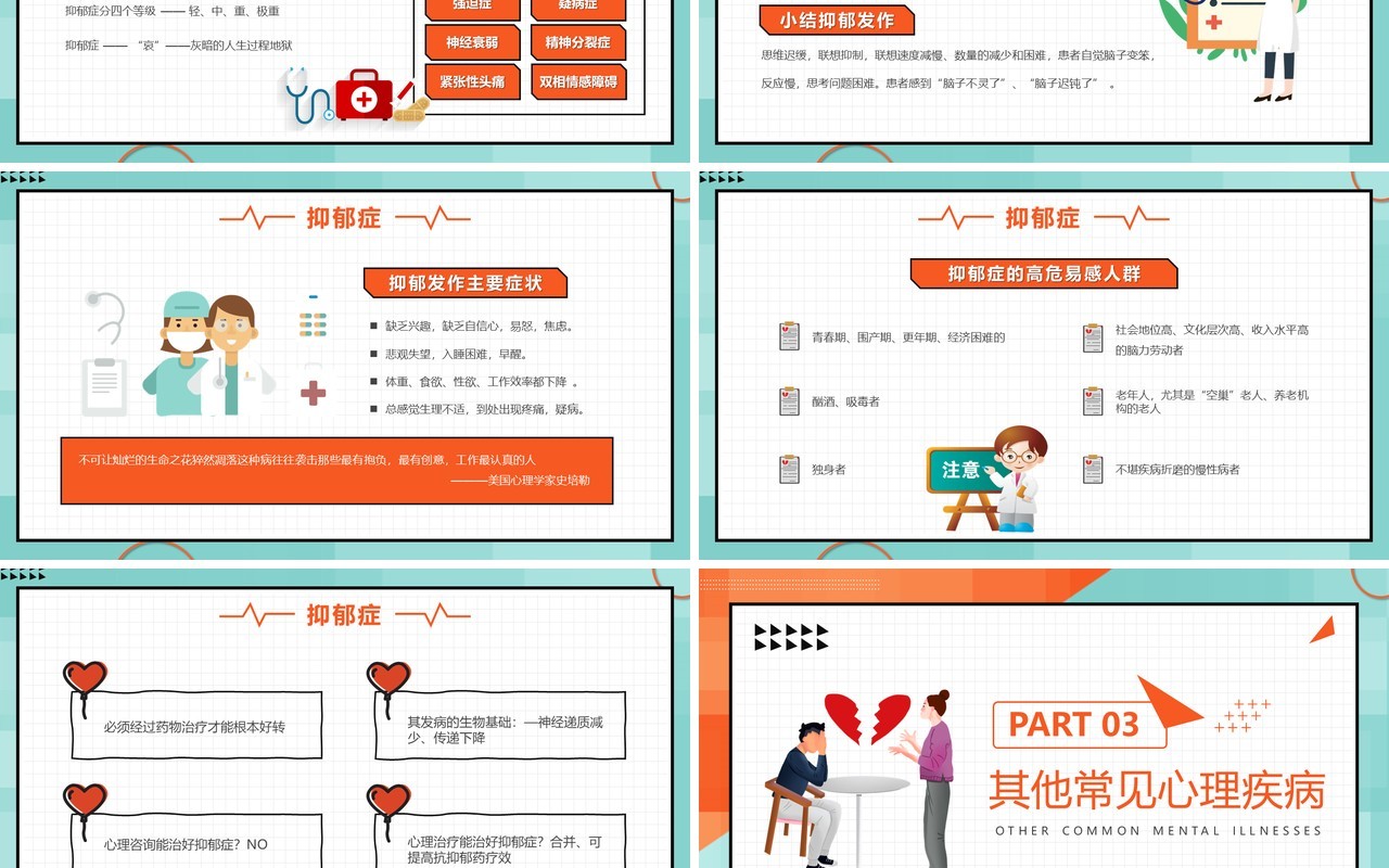 橙色简约孟菲斯心理疾病知识培训PPT模版