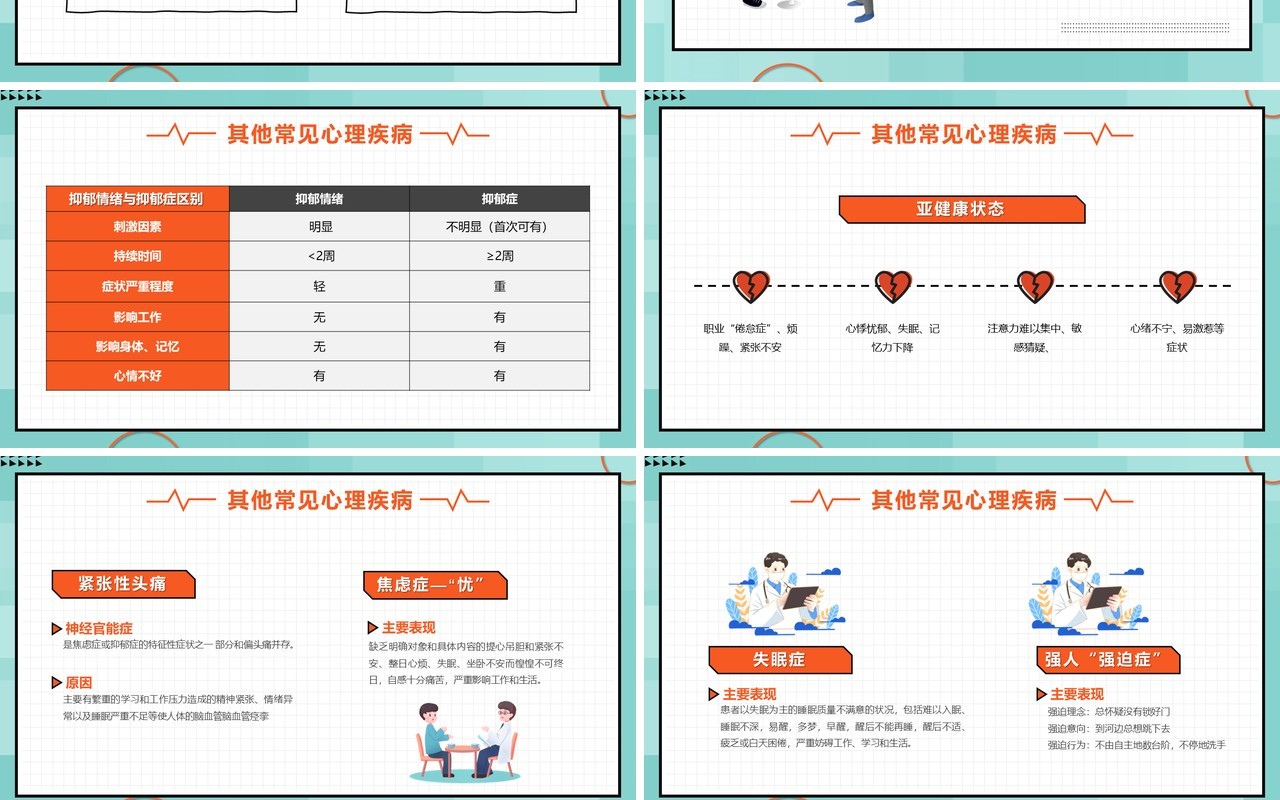 橙色简约孟菲斯心理疾病知识培训PPT模版